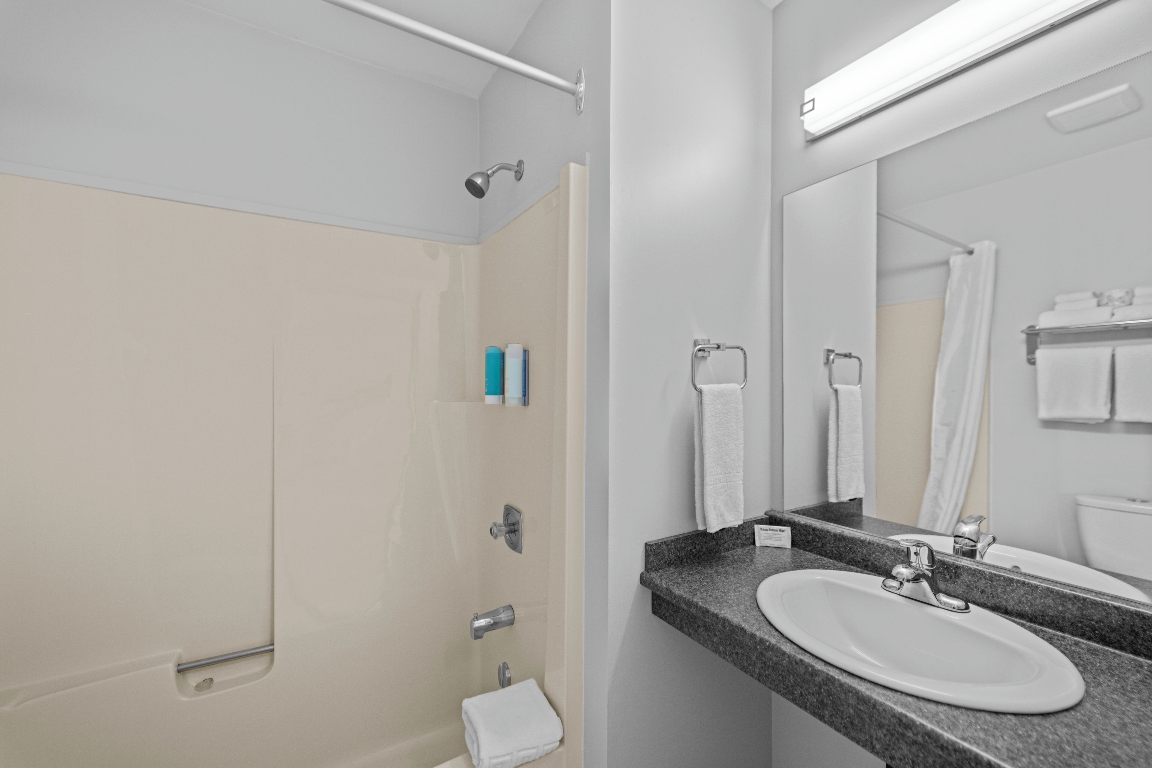 Un baño moderno con ducha, inodoro y lavamanos.