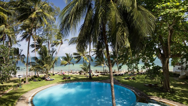 Una piscina rodeada de palmeras y vista al mar.