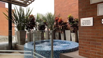 Zona de spa con un jacuzzi, rodeada de plantas en macetas y una pared de ladrillo.