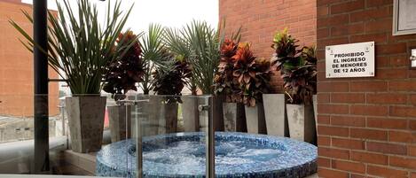 A spa area with a hot tub, surrounded by potted plants and a brick wall.