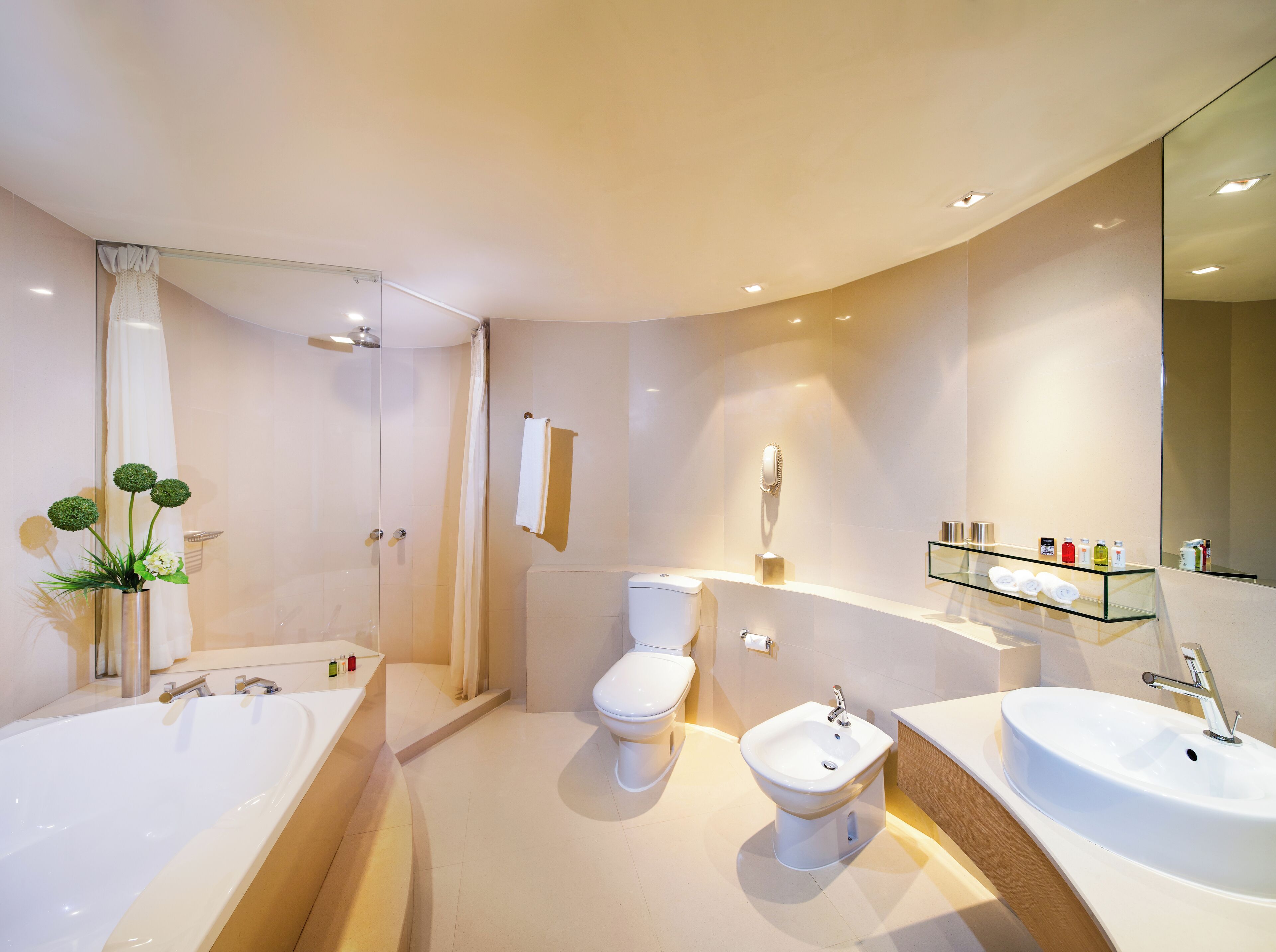 combined shower/bathtub, deep-soaking bathtub, free toiletries