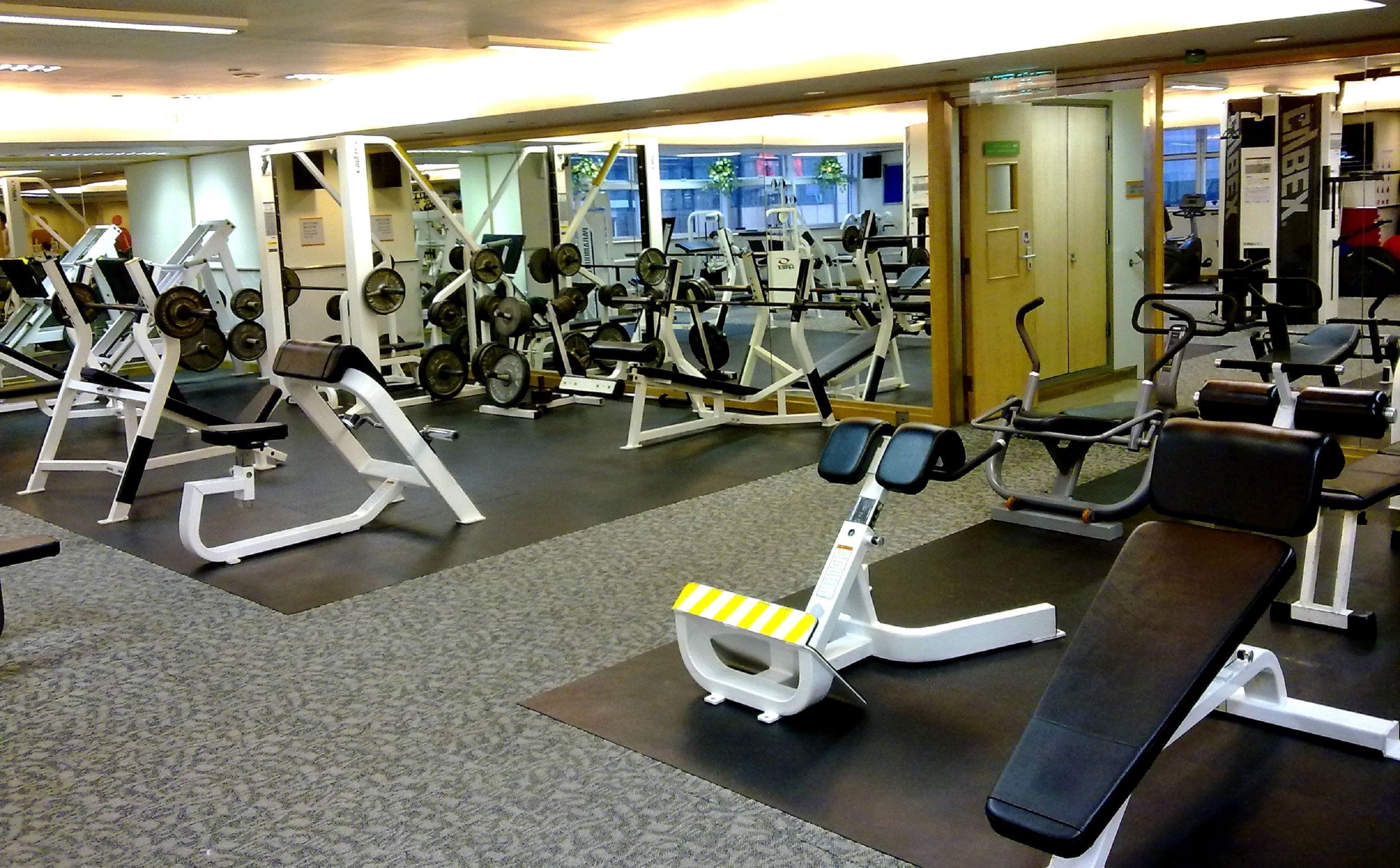 A gym with various exercise equipment, including treadmills, weight machines, and free weights.