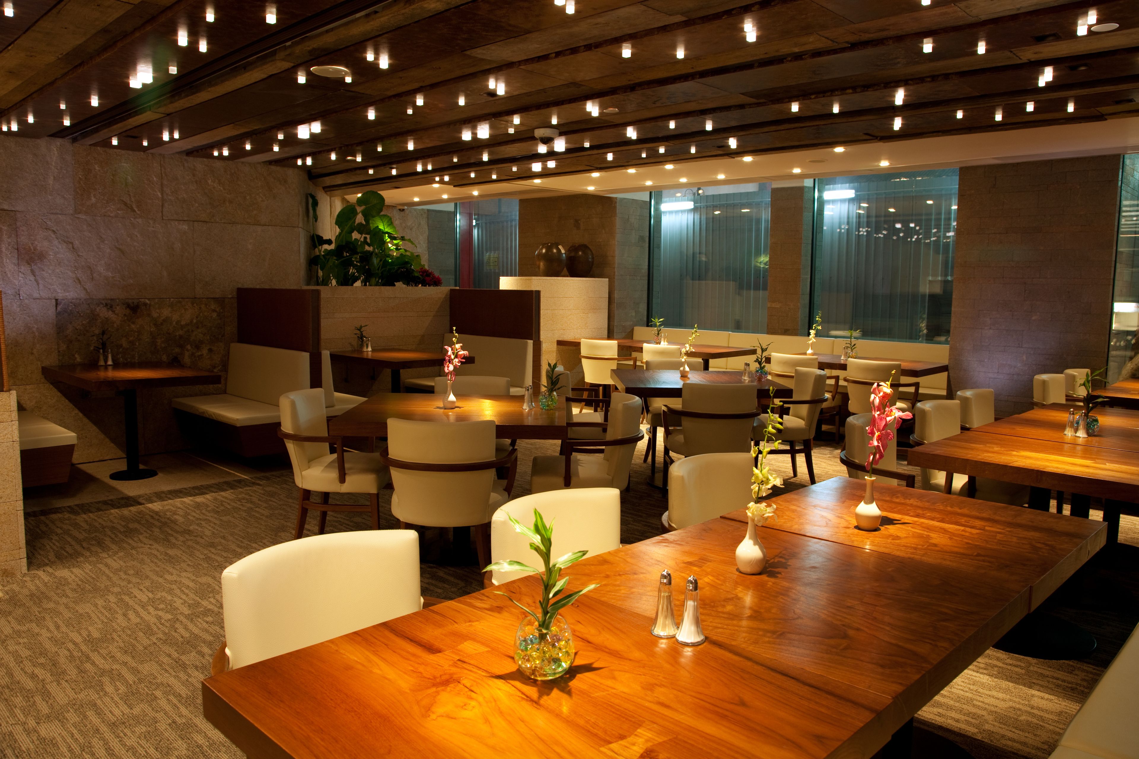 A modern dining area with wooden tables and chairs, ambient lighting, and large windows.