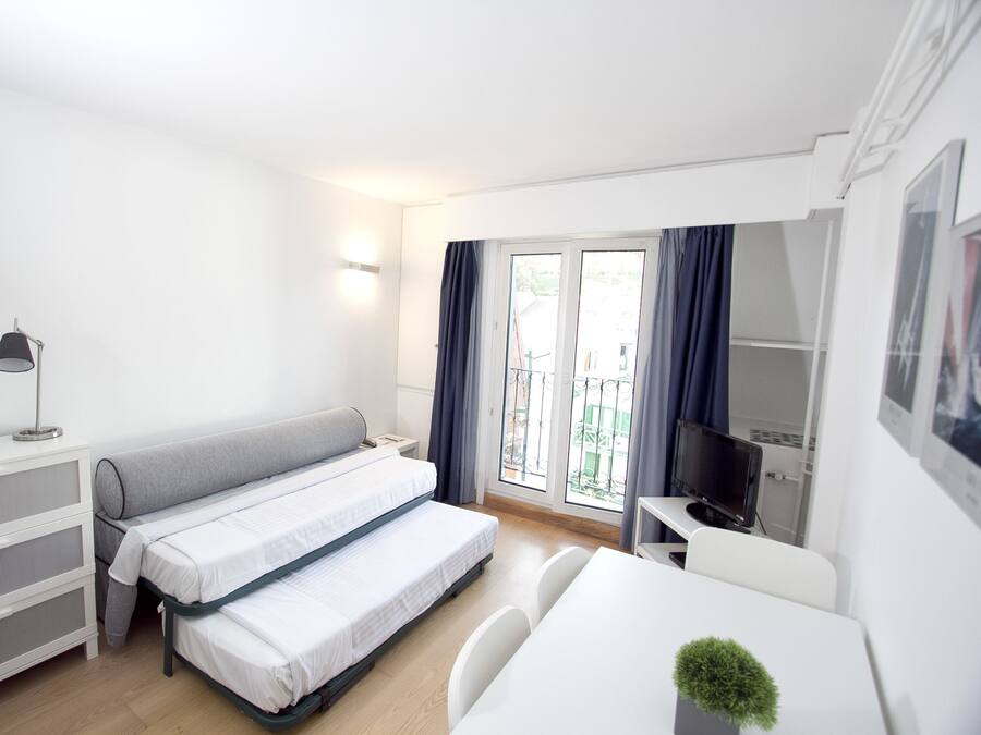 A compact hotel room with a bed, a desk with a computer, a TV, and a small plant.