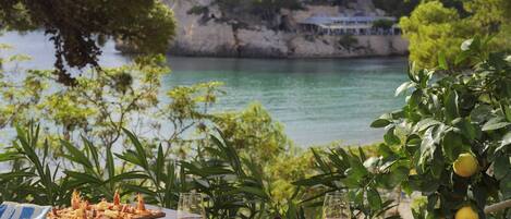 Mesa posta com pratos de frutos do mar, copos de vinho e vista para paisagem costeira com falésias e vegetação.