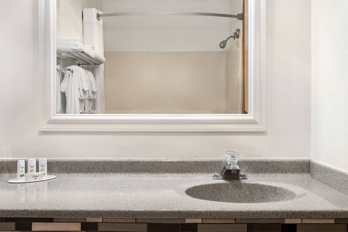 studio suite, 1 king bed, non smoking | bathroom | free toiletries, hair dryer, towels