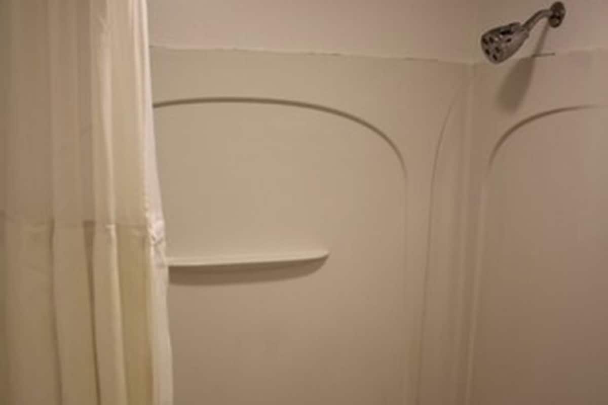 combined shower/bathtub, hair dryer, towels