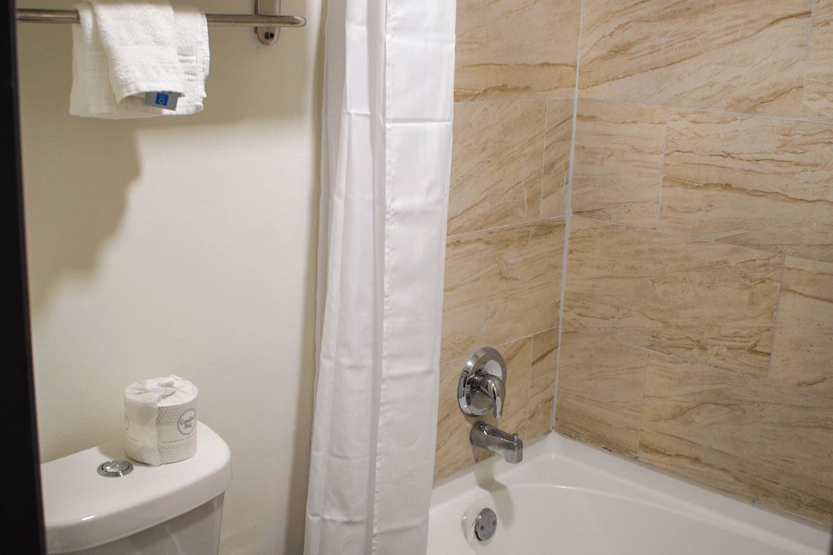combined shower/bathtub, hair dryer, towels