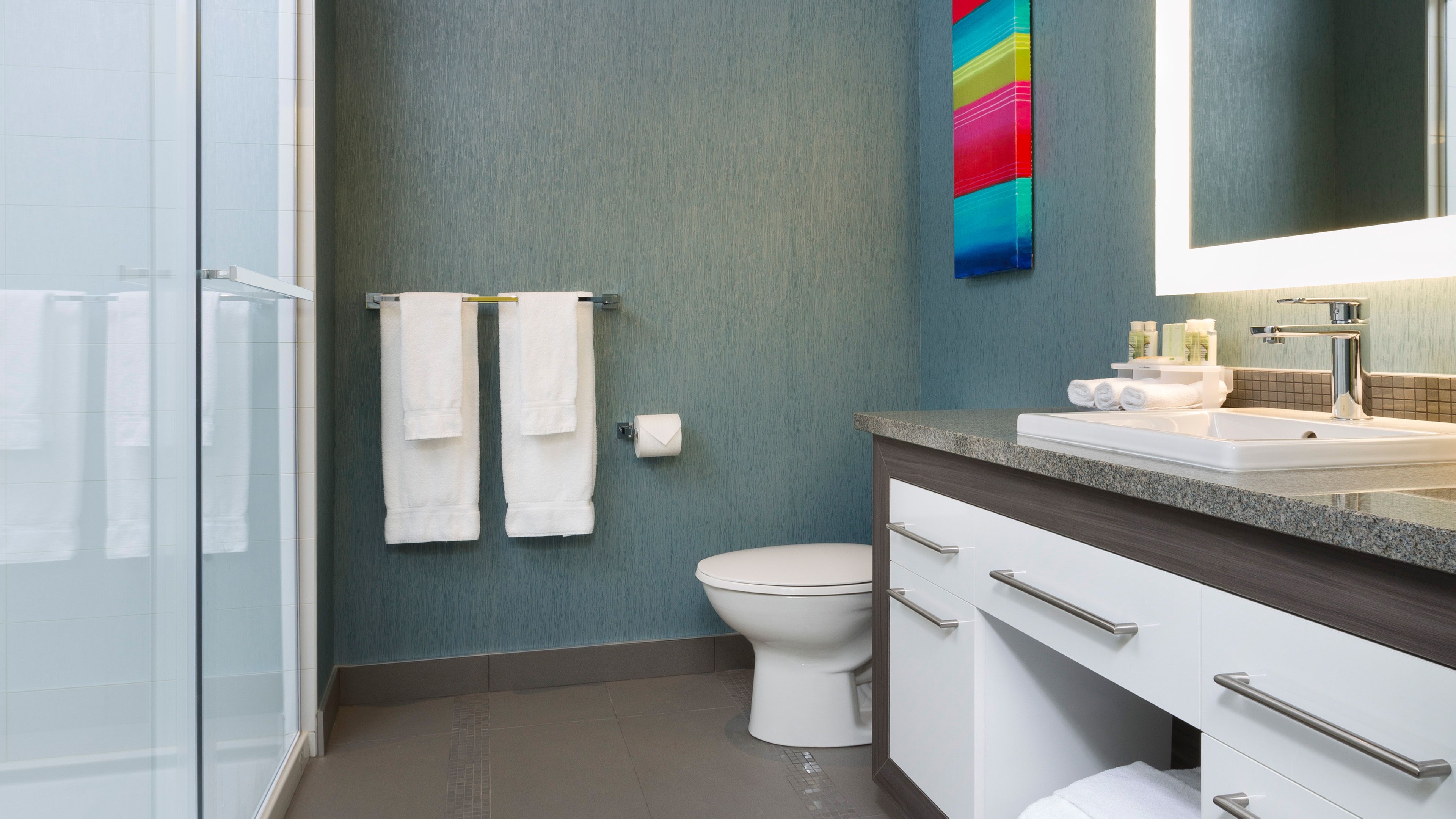 A modern bathroom with a glass shower, a white toilet, and a vanity with a sink and mirror.