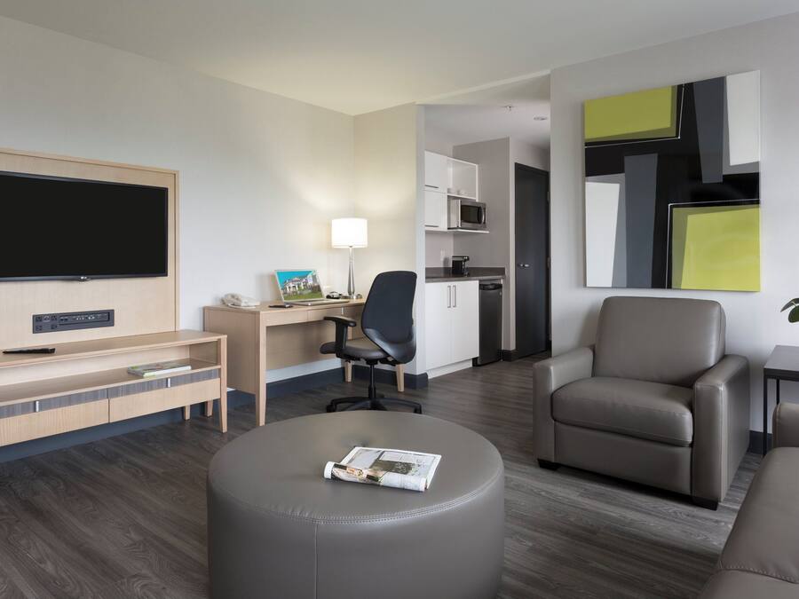 Quarto de hotel com televisão de tela plana, escrivaninha com luminária, cadeira, sofá e mesa pequena com planta em vaso.