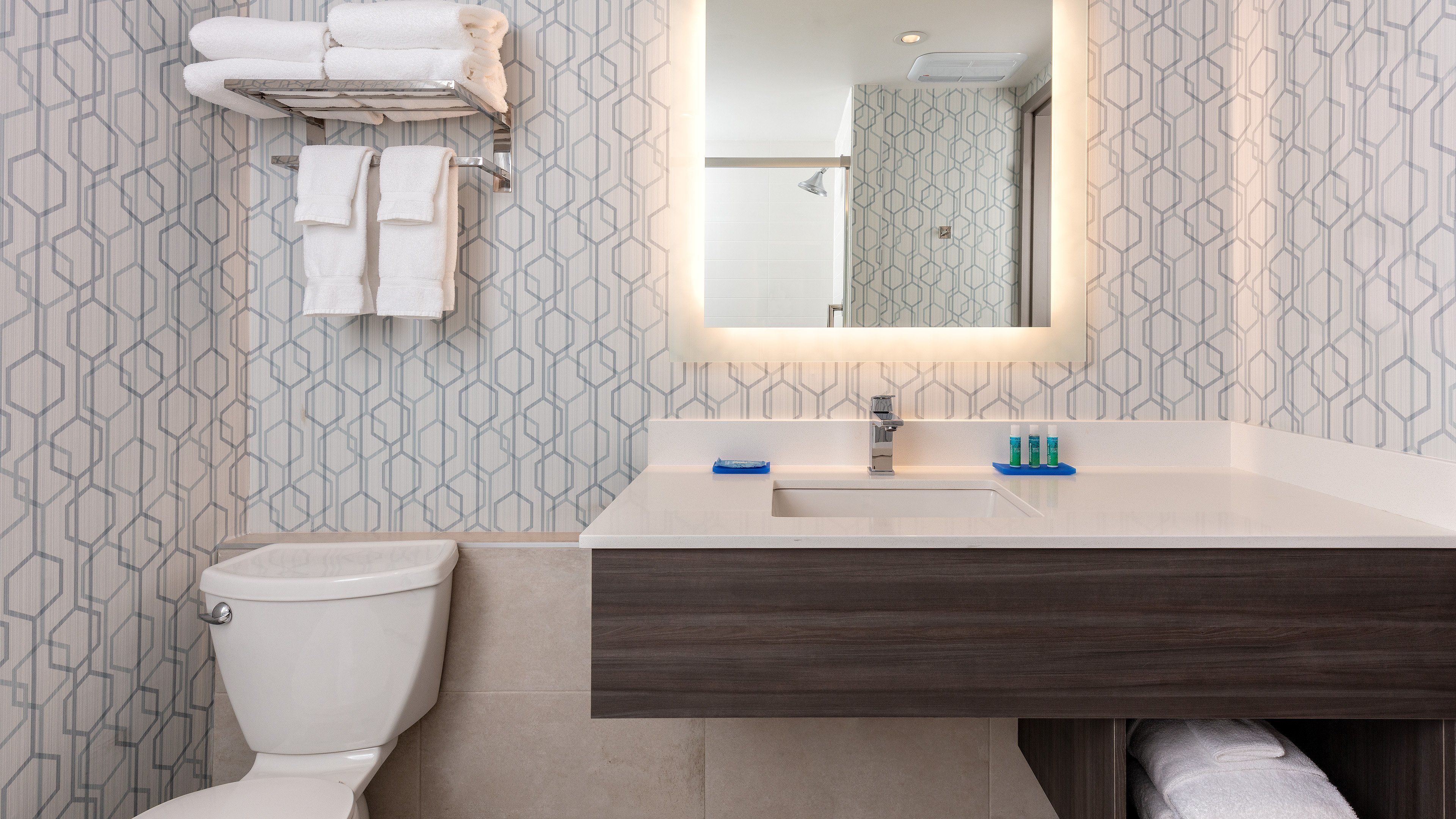 shower, eco-friendly toiletries, hair dryer, towels