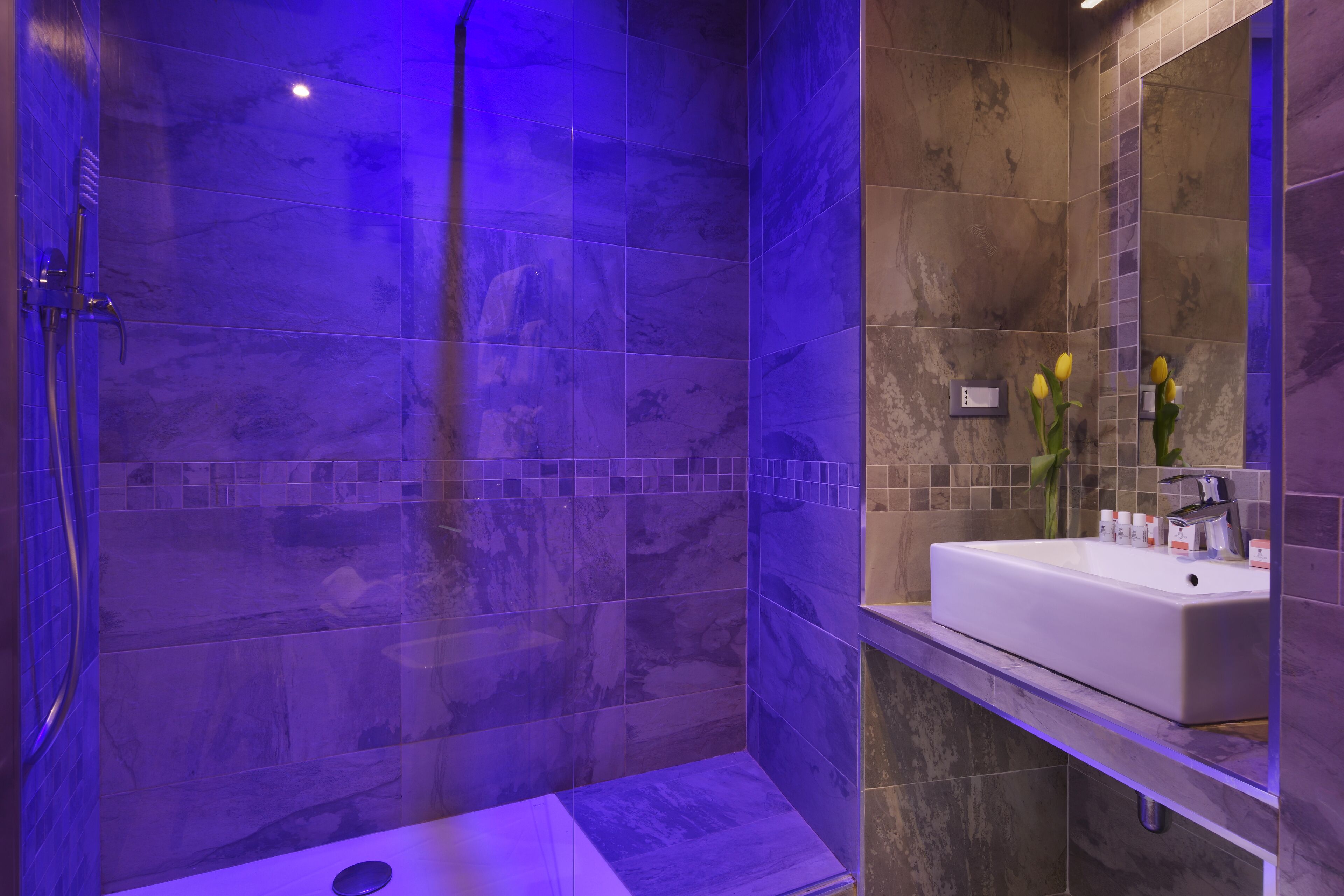Ein modernes Badezimmer mit barrierefreier Dusche, Waschbecken und Spiegel.