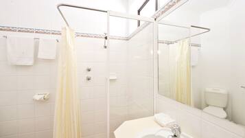 Une salle de bain équipée d’une douche, de toilettes, d’un lavabo et d’un miroir.