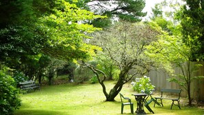 A backyard with a lawn, a tree, a bench, and a table with chairs. - Blackheath Motor Inn (Blackheath)
