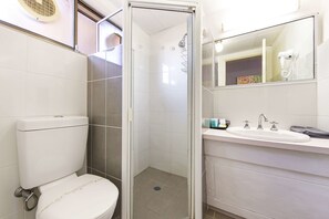 A modern bathroom with a toilet, a shower enclosure, and a sink with a mirror above it. - Comfort Inn Dubbo City (Dubbo)