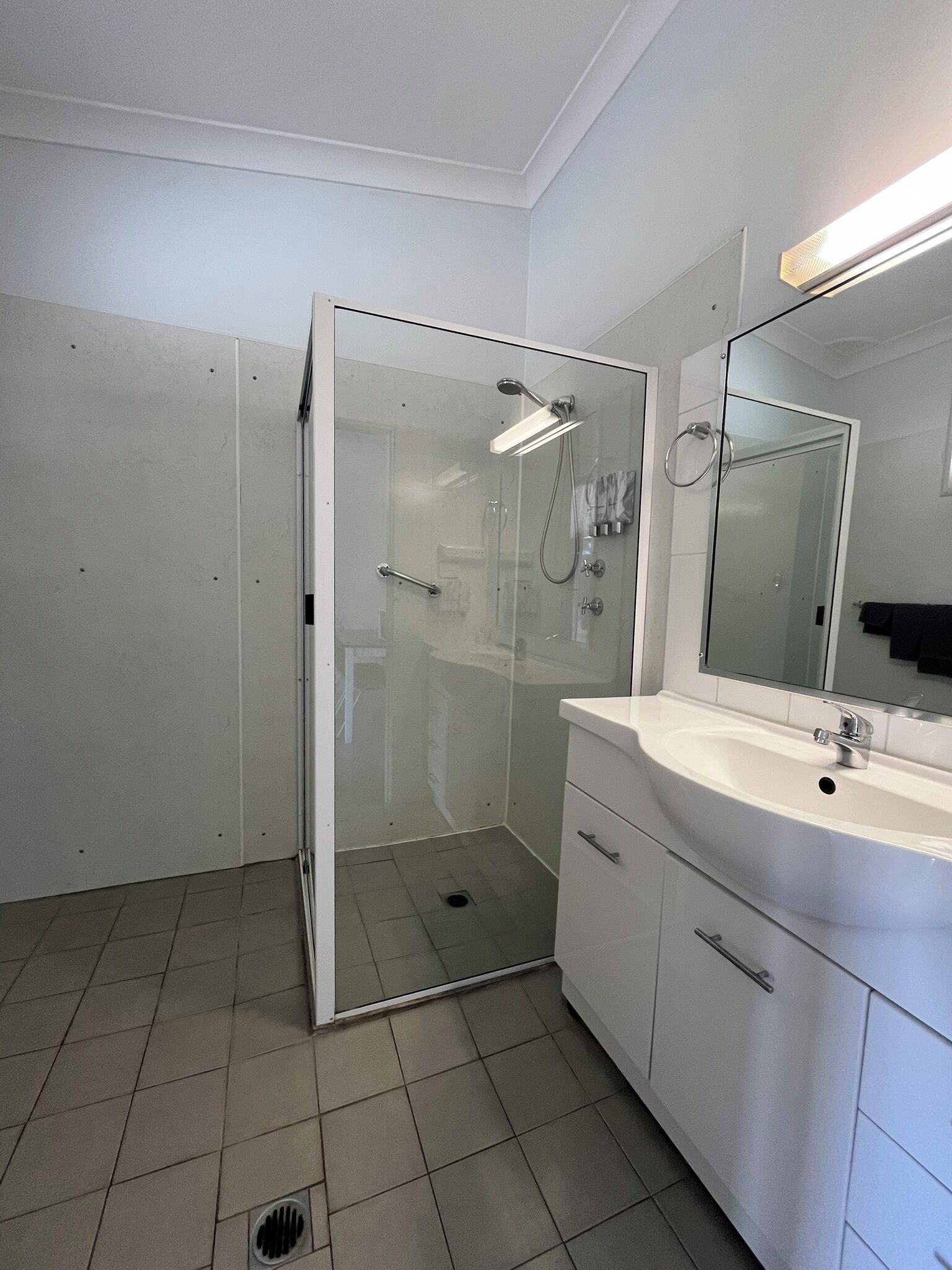 Une salle de bain avec une douche à parois de verre, un lavabo blanc et un miroir au-dessus.