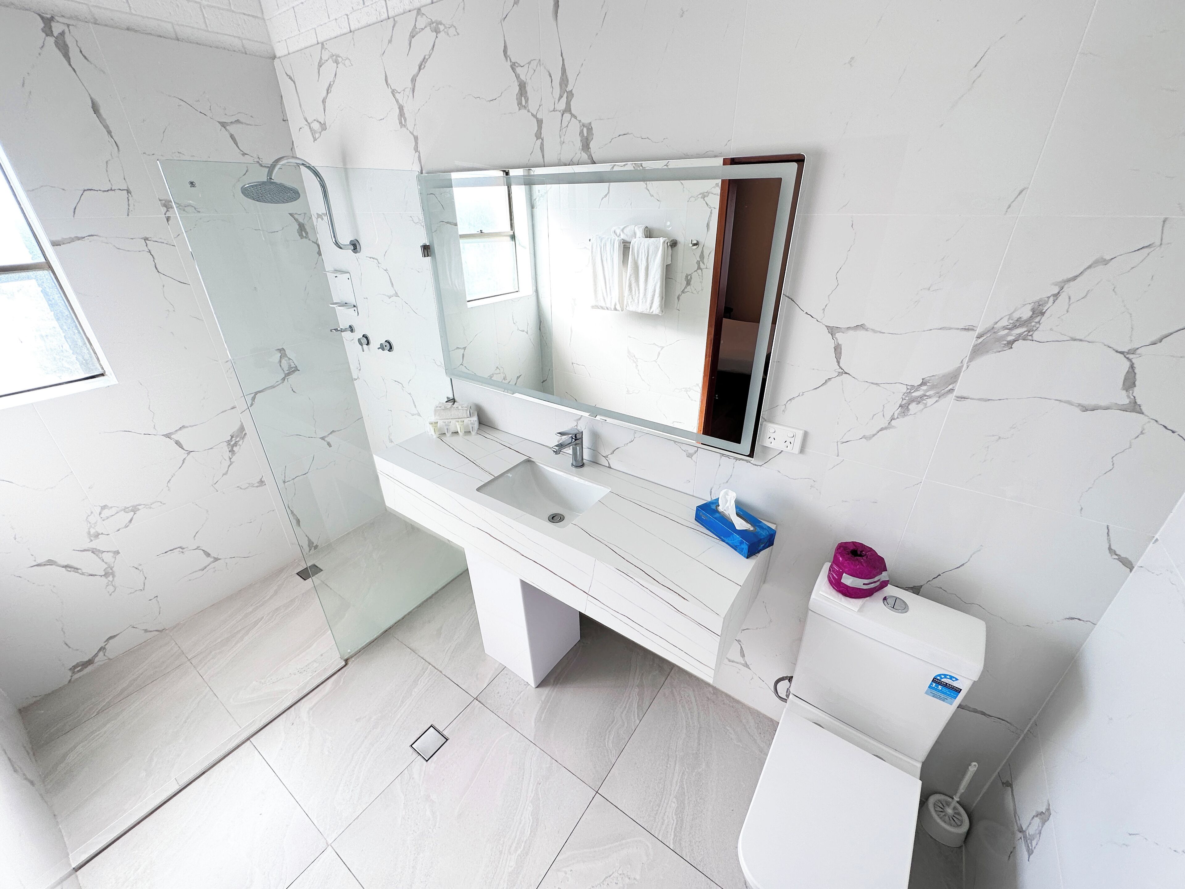 A modern bathroom with a glass-enclosed shower, a white sink, and a toilet.