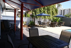 An outdoor patio area with tables and chairs, umbrellas, and a pool.