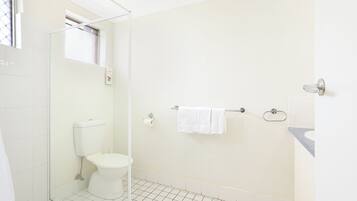 A bathroom with a toilet, a glass shower enclosure, and a towel rack.