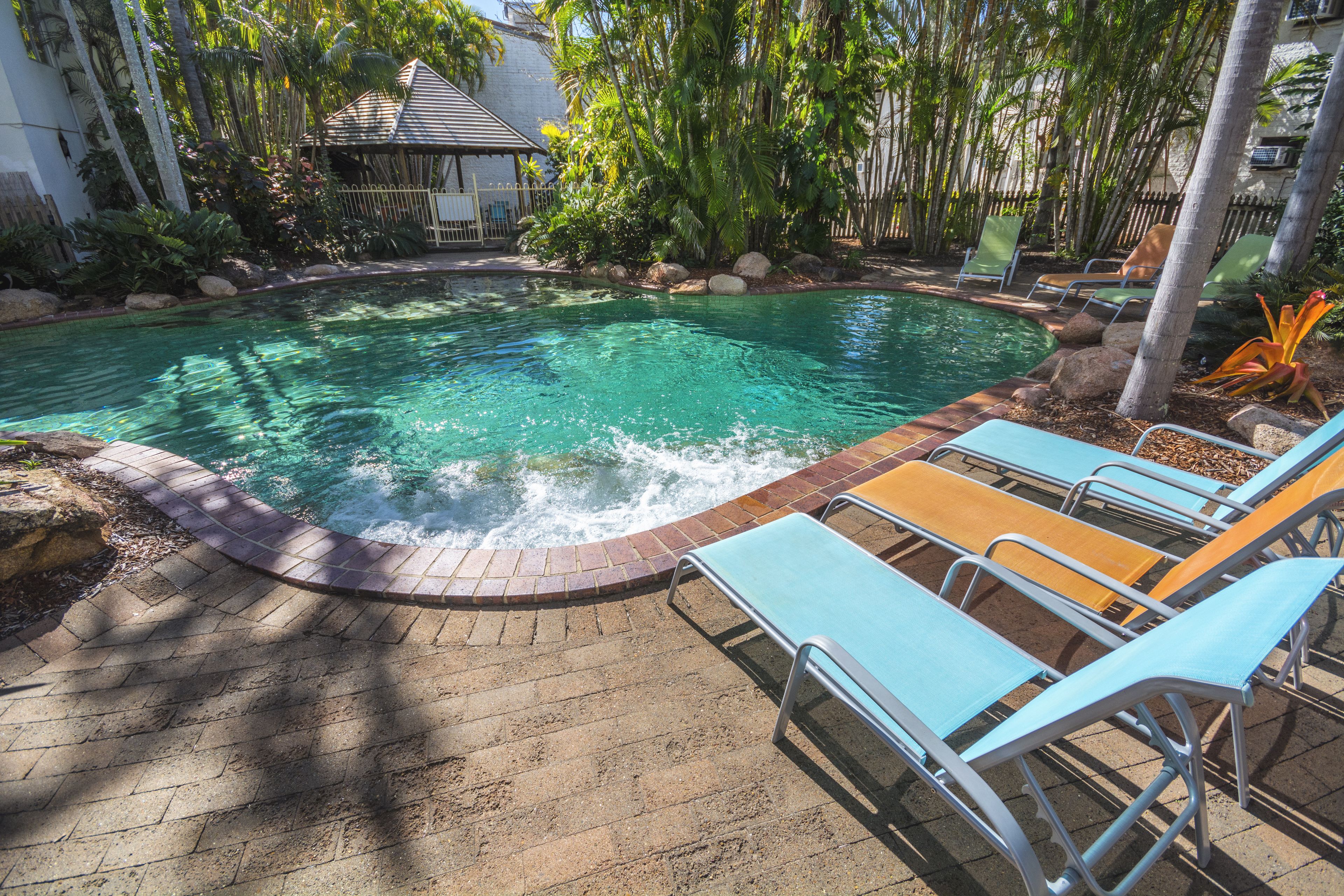 outdoor pool, pool loungers