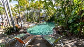 Un área de piscina con sillas de descanso y un pabellón rodeado de follaje tropical.