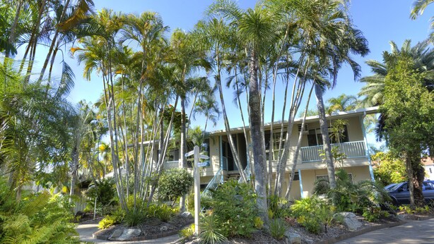 Un hotel con un camino empedrado, palmeras y un edificio con balcones.