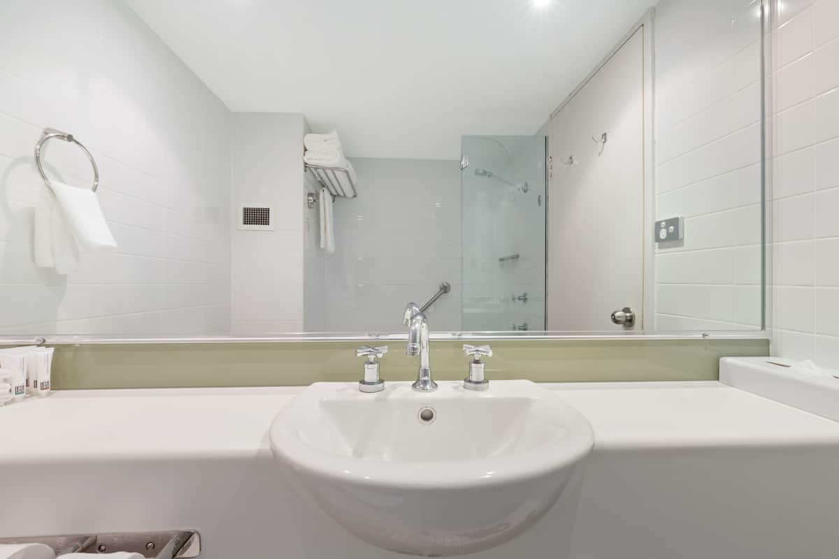 combined shower/bathtub, eco-friendly toiletries, hair dryer, towels