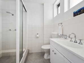 A bathroom with a shower, toilet, and vanity with a sink and mirror.
