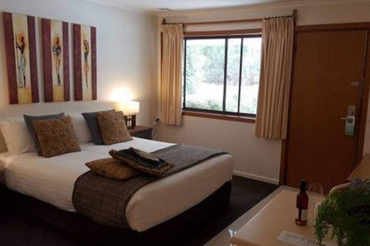 A hotel room with a bed, a bedside table with a lamp, a window with curtains, a door, a television, and a plant.