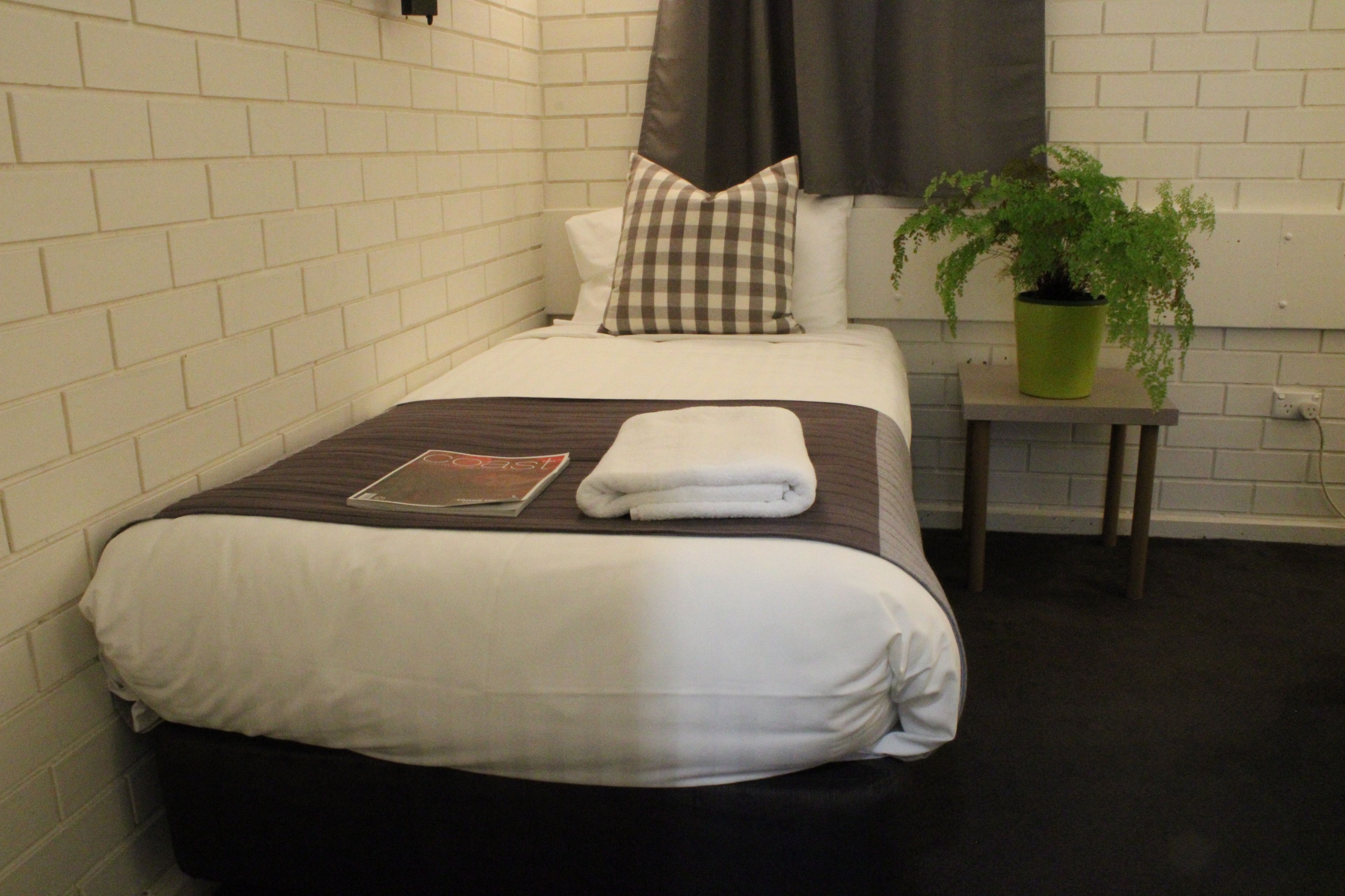 A neatly made bed with a checkered pillow, a folded white towel, and a book on the bed. There is a green potted plant on a small table beside the bed.