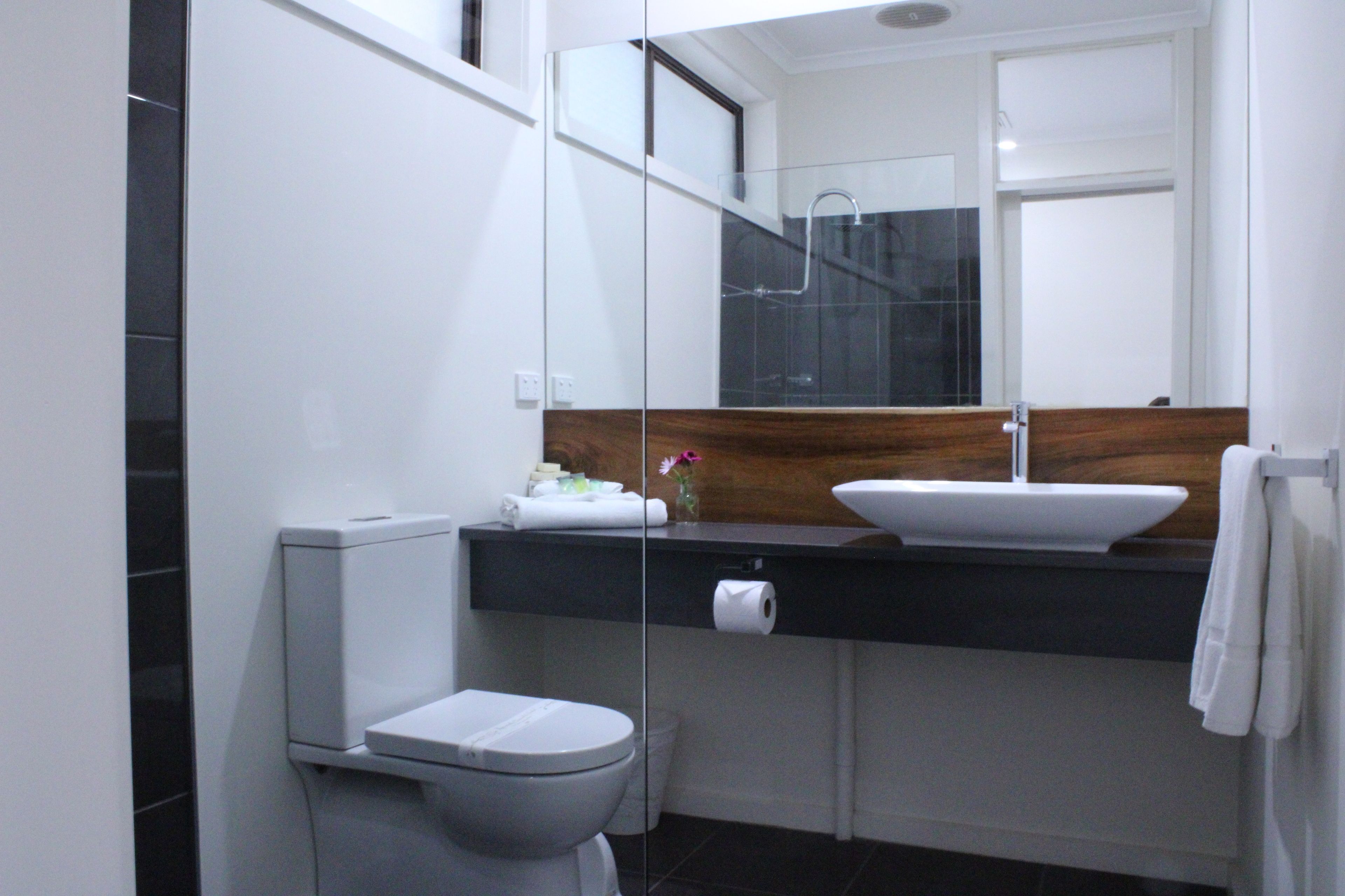 A modern bathroom with a toilet, sink, and mirror.
