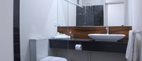 A modern bathroom with a toilet, sink, and mirror.