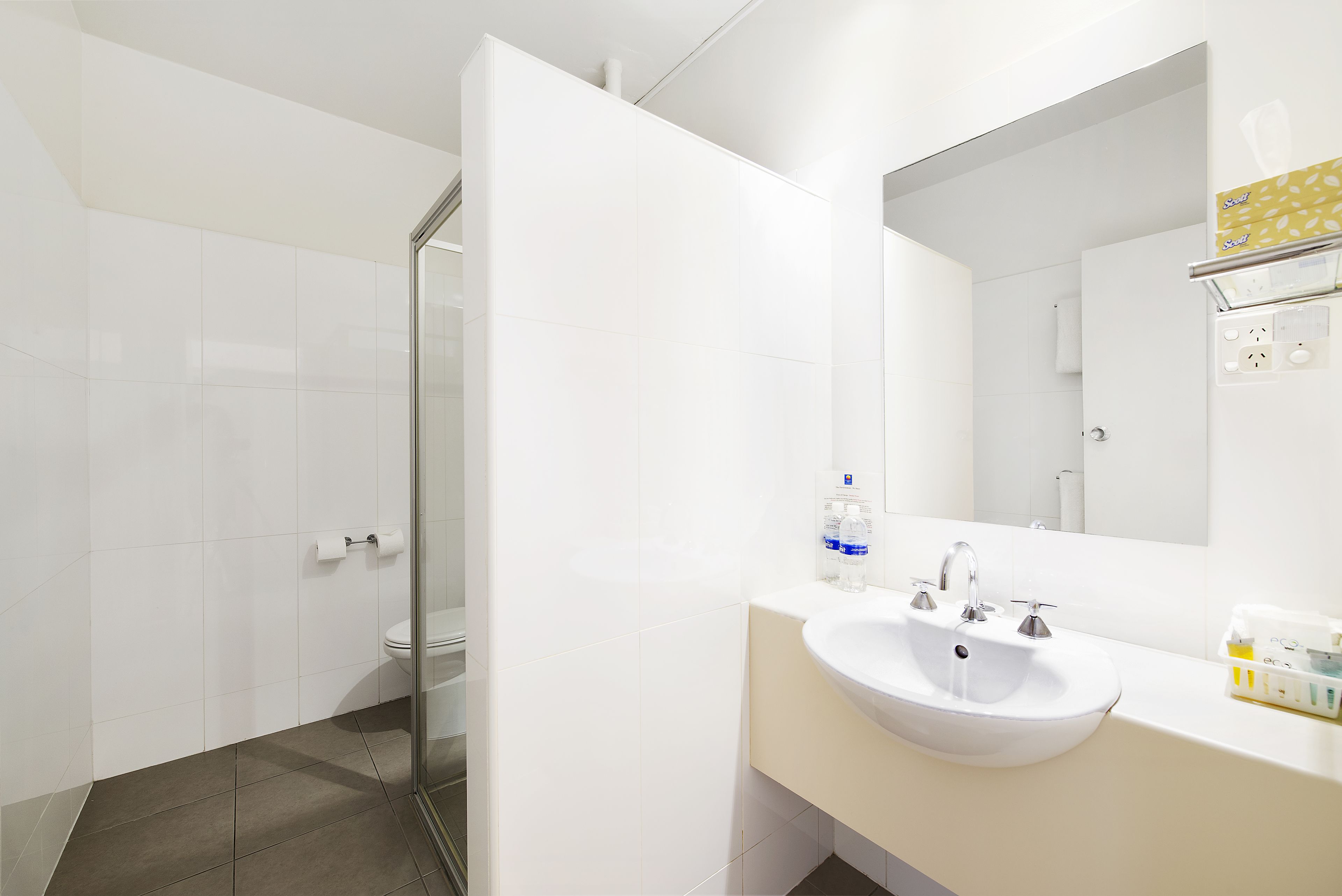 family room | bathroom | shower, free toiletries, hair dryer, towels
