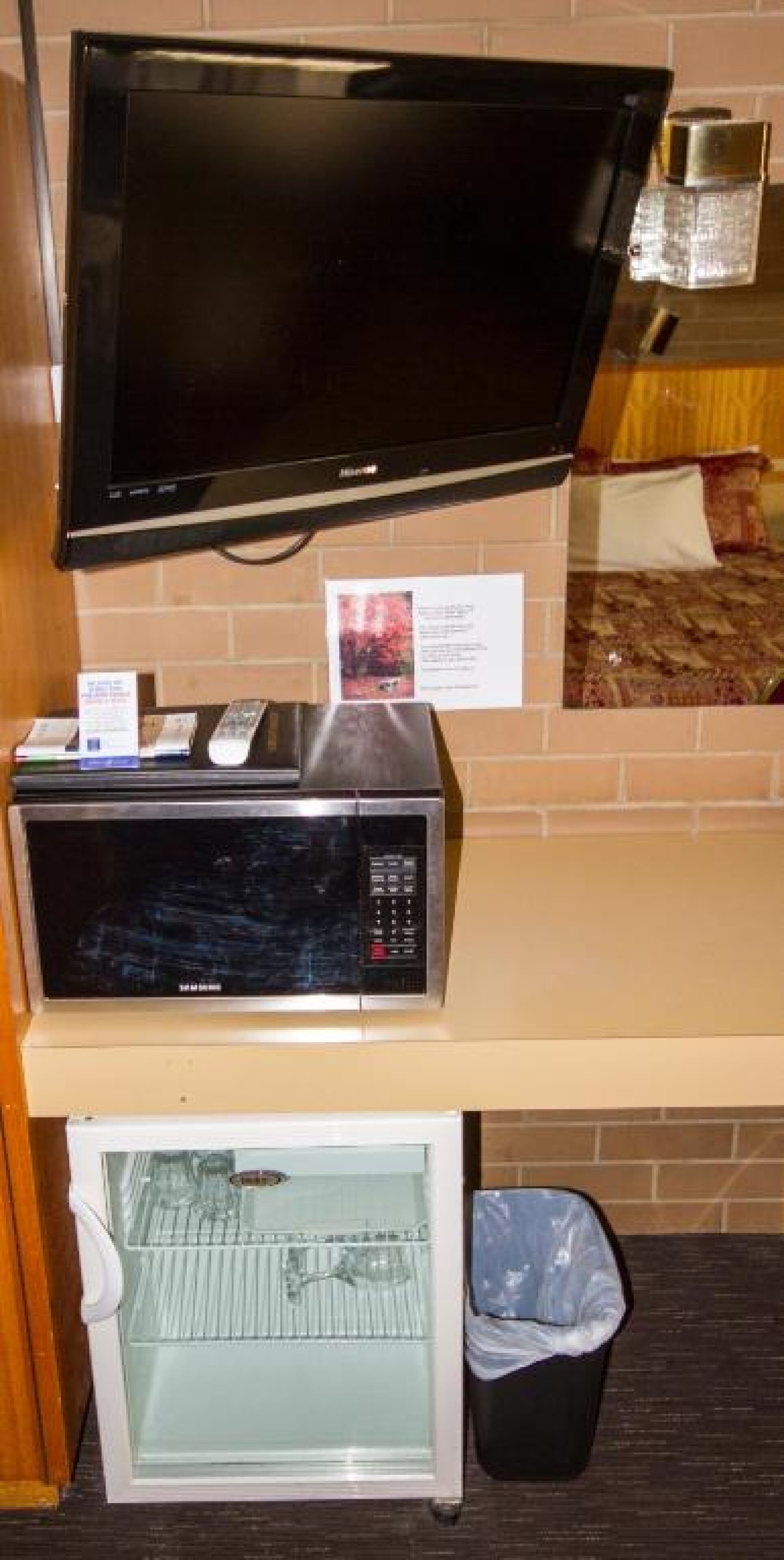 Un microondas, un refrigerador pequeño y un televisor en un estante.