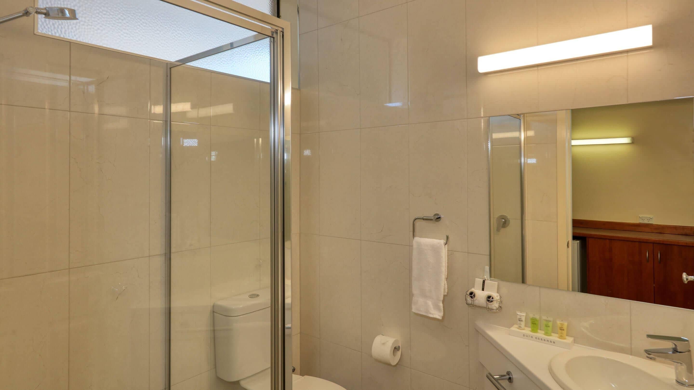A modern bathroom with a glass shower enclosure, a toilet, a sink with toiletries, and a mirror.