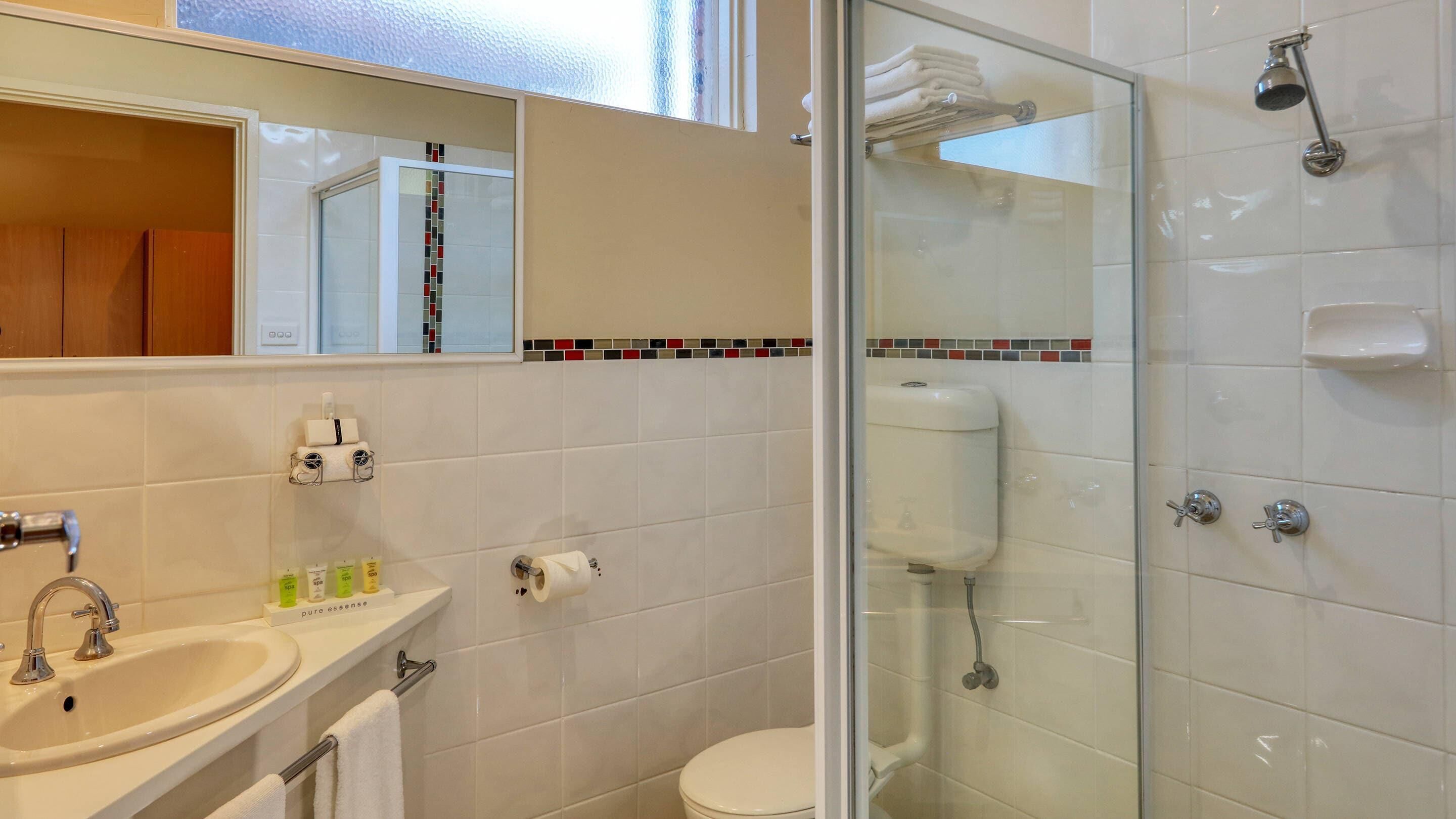 Bany amb plat de dutxa envoltat de vidre, un lavabo amb productes de tocador i un vàter.