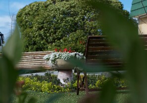 A garden with a bench, a large tree, and a building in the background. - SureStay Hotel by Best Western The Clarence on Melville  (Mount Melville)