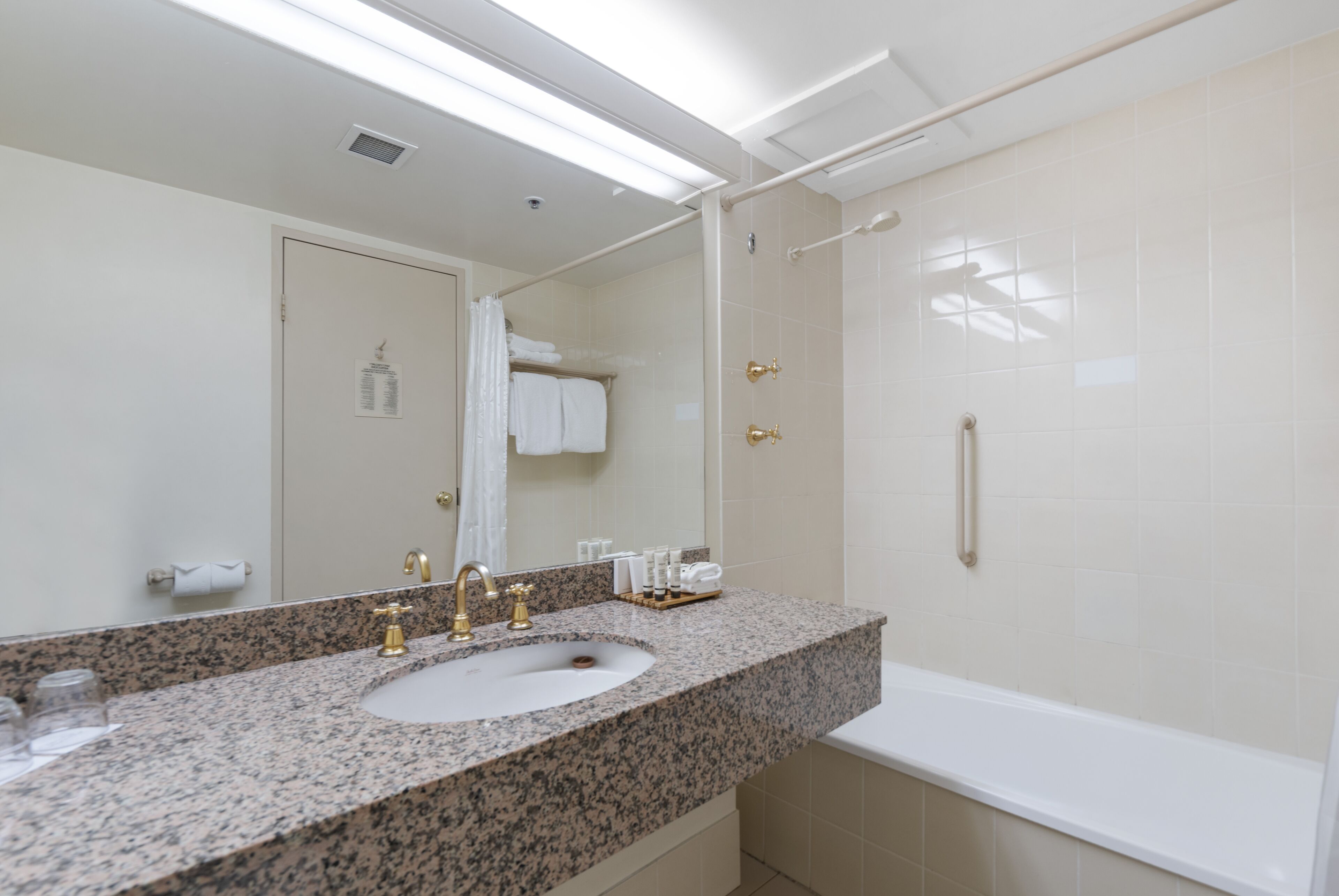 Une salle de bain moderne avec un lavabo sur un plan de travail en granit, un grand miroir et une douche à l’italienne.