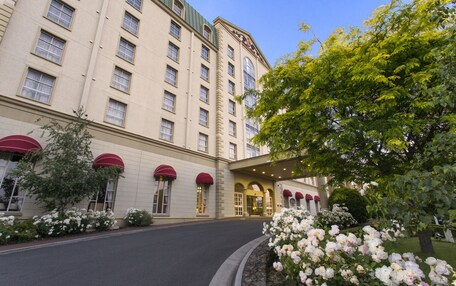 A hotel with a large entrance, multiple windows, and a well-maintained garden with white flowers.