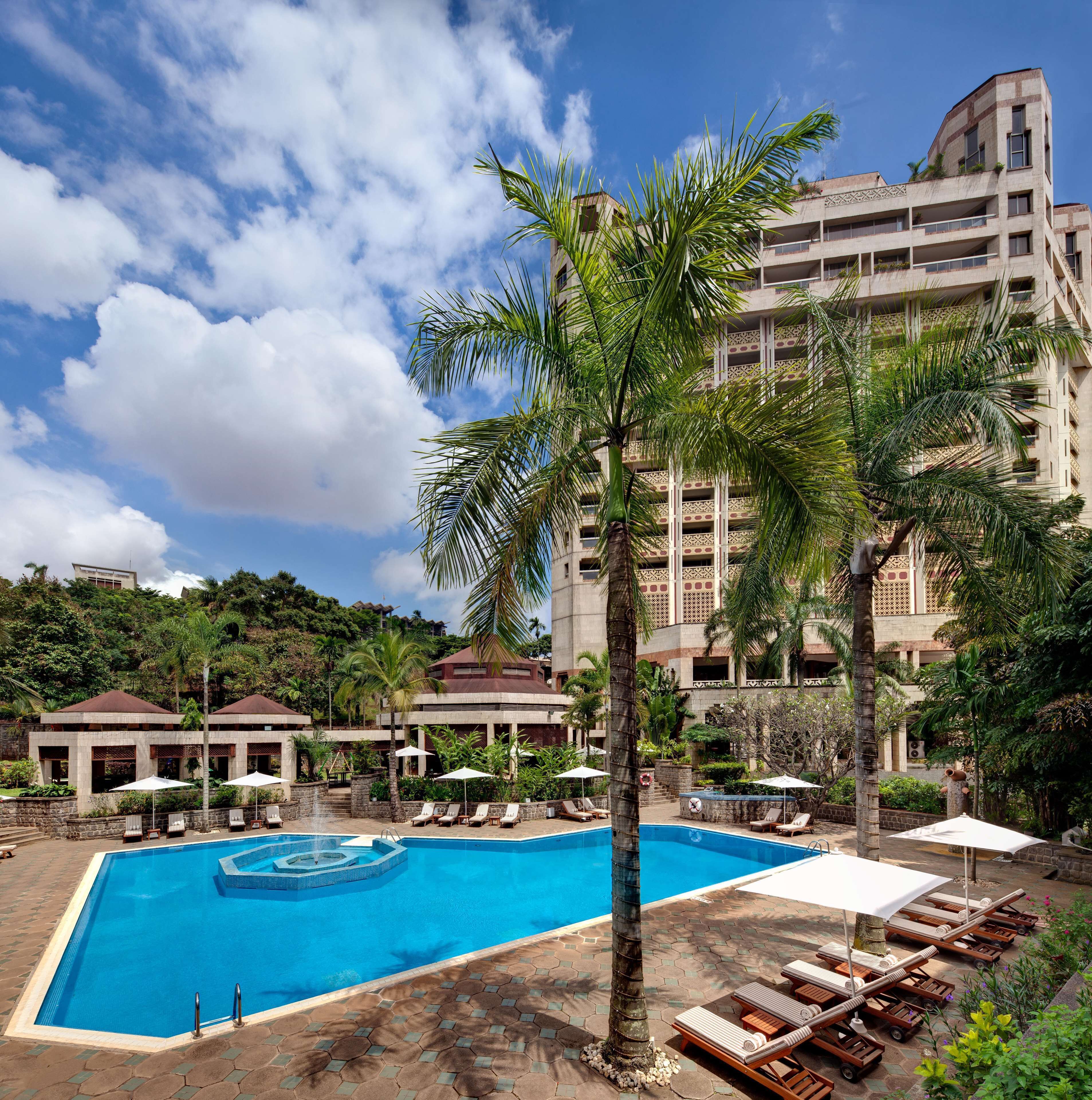 Zona de piscina con sillones de descanso y sombrillas, rodeada de palmeras y un edificio grande con balcones.