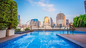 A rooftop pool with a city skyline in the background.