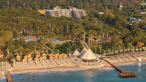 An aerial view of a coastal resort with multiple buildings, a beach with umbrellas and lounge chairs, and a pier extending into the water. - Balmy Foresta - All inclusive (Kemer)