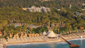 An aerial view of a coastal resort with a beach, thatched-roof structures, and a pool area. - Balmy Foresta - All inclusive (Kemer)