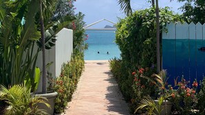A pathway leading to a pool with palm trees and potted plants on either side. - Emerald Beach Resort (St. Thomas)
