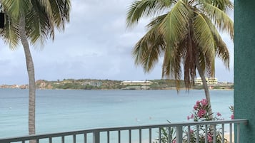A balcony with a view of a beach and palm trees.