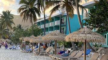 On the beach, beach umbrellas, snorkelling, beach bar