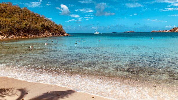 A beach with clear turquoise water, a sandy shore, and a sailboat in the distance. - Emerald Beach Resort (St. Thomas)