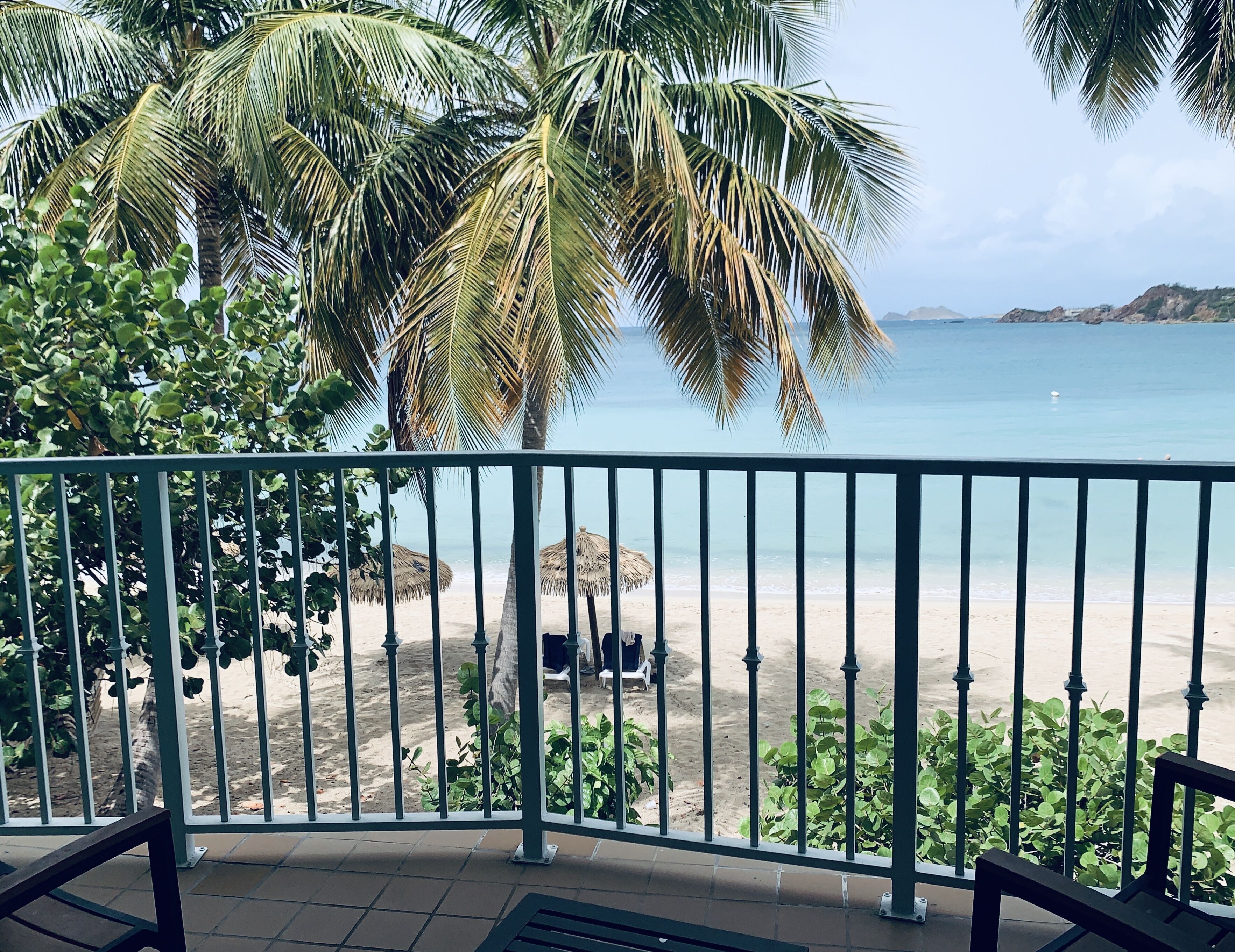 A balcony with a view of a beach, palm trees, and a clear sky.