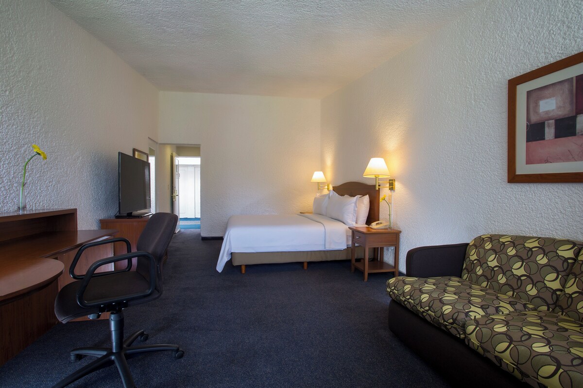 A hotel room with a bed, a desk with a chair, a sofa, and two bedside lamps.
