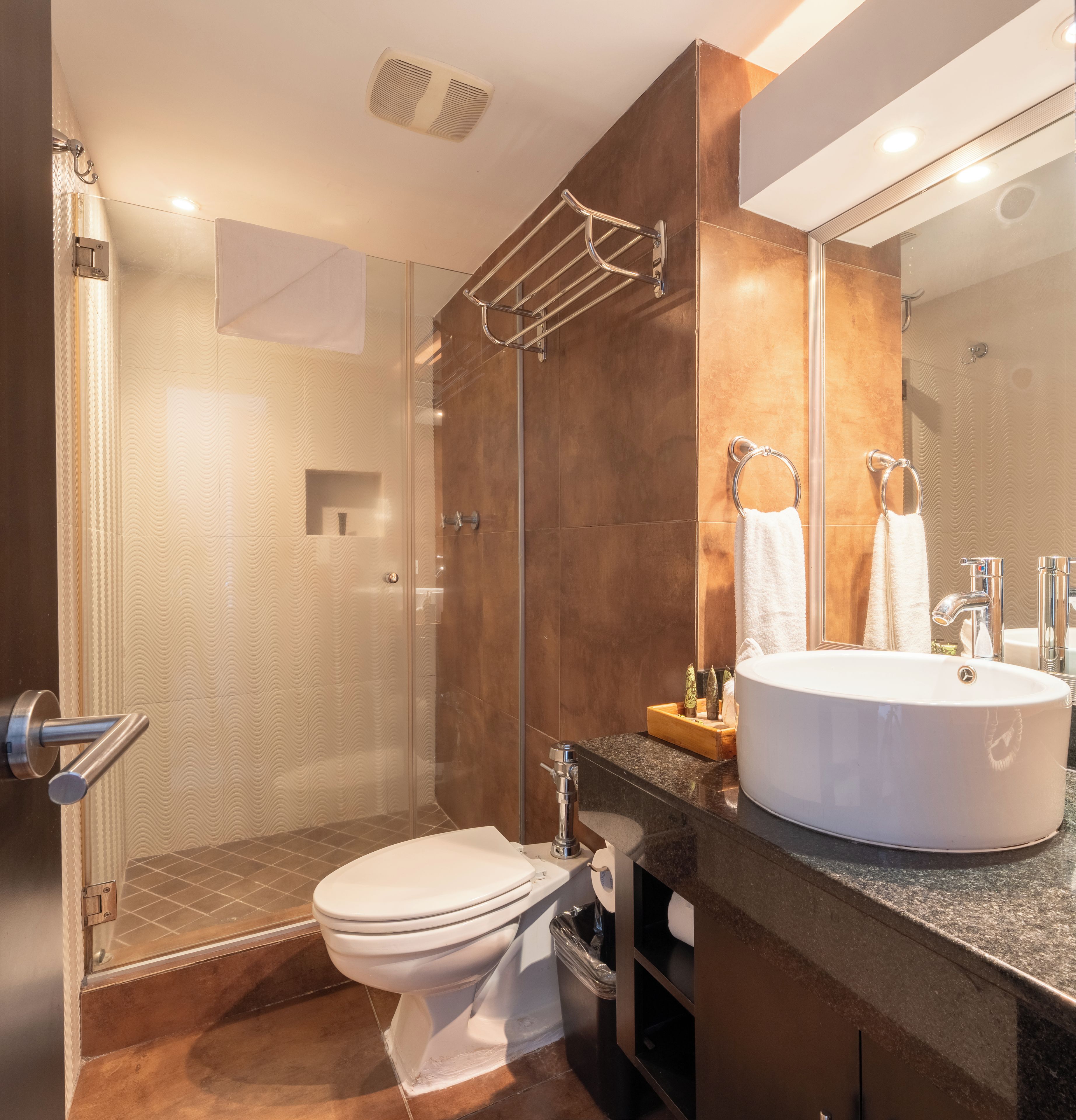 A modern bathroom with a glass-enclosed shower, a white toilet, and a large round sink with a mirror above it.